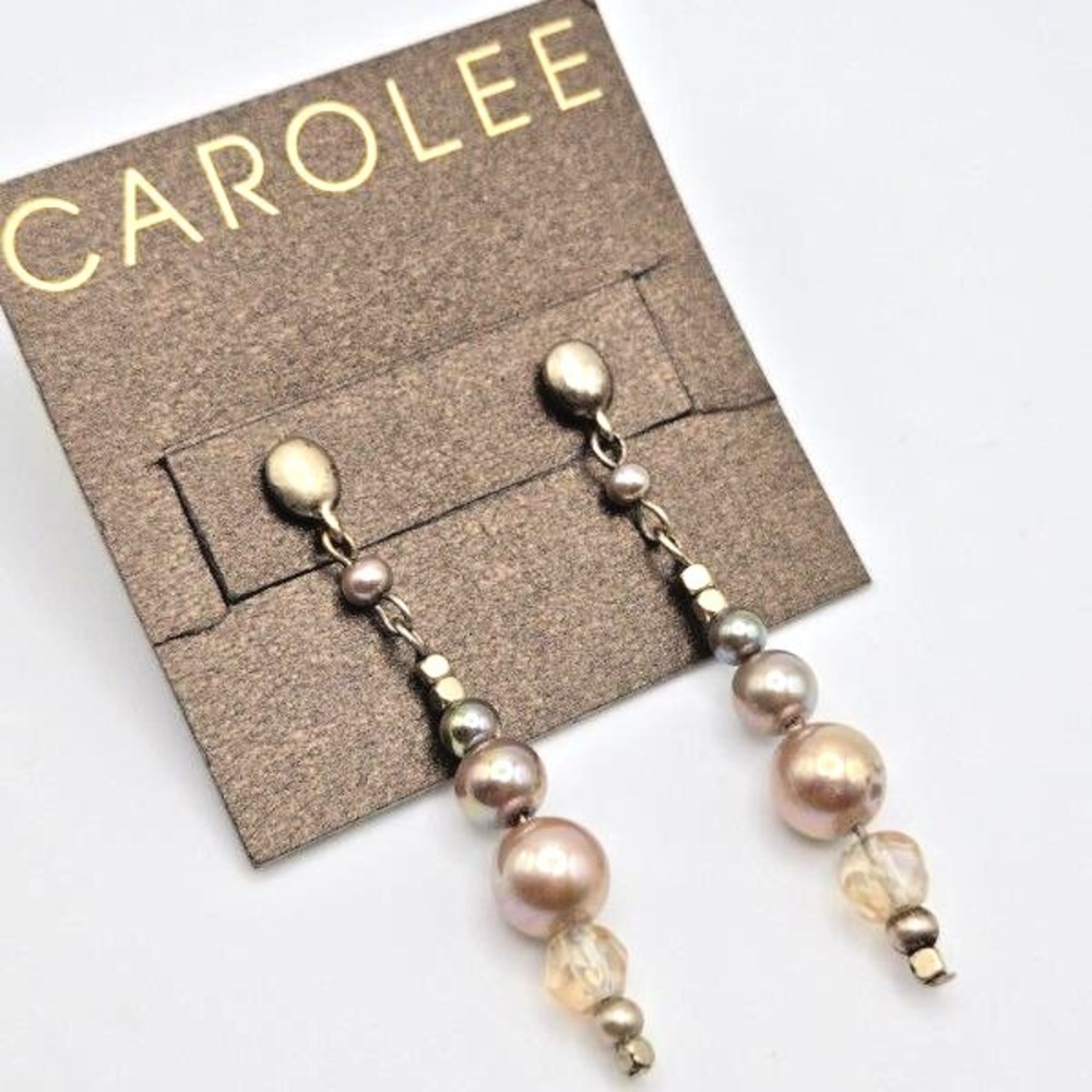 Vintage NOS Carolee Goldtone Faux‎ Pearl and Glass Beaded Dangle Post Earrings